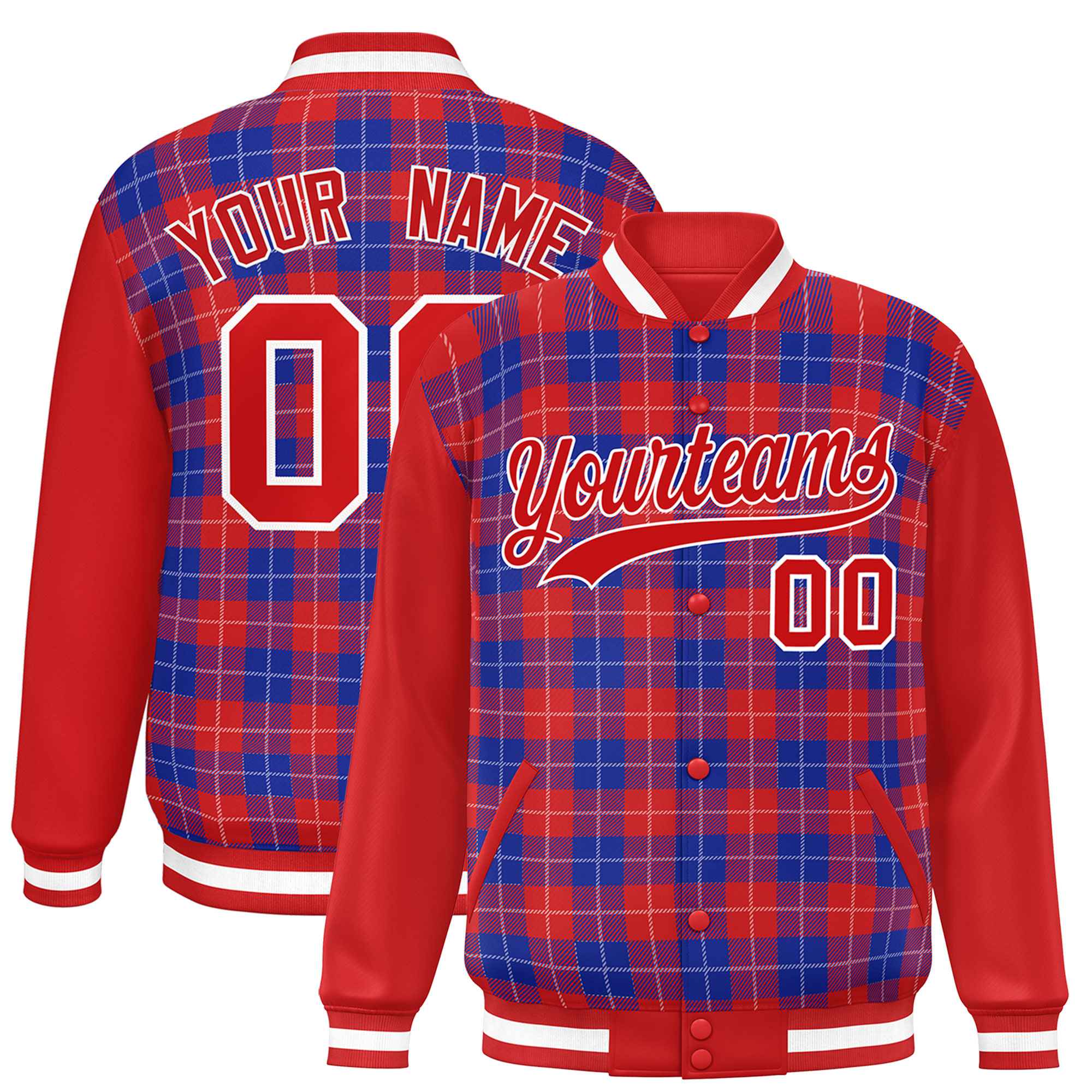 Custom Royal Red-White Varsity Full-Snap Plaid Pattern Letterman Baseball Jacket