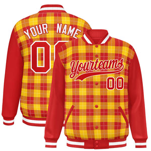 Custom Gold Red-White Varsity Full-Snap Plaid Pattern Letterman Baseball Jacket