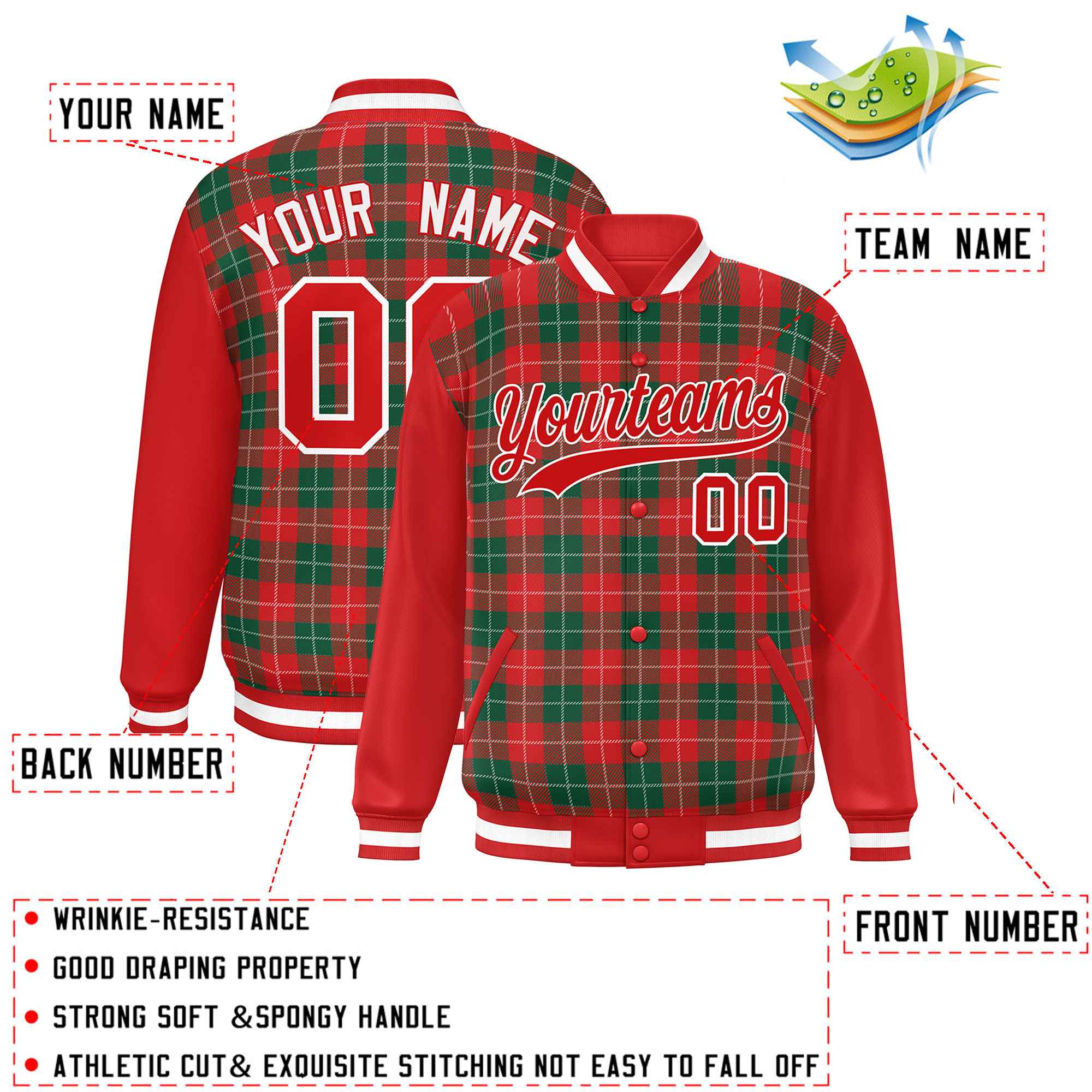 Custom Kelly Green Red-White Varsity Full-Snap Plaid Pattern Letterman Baseball Jacket