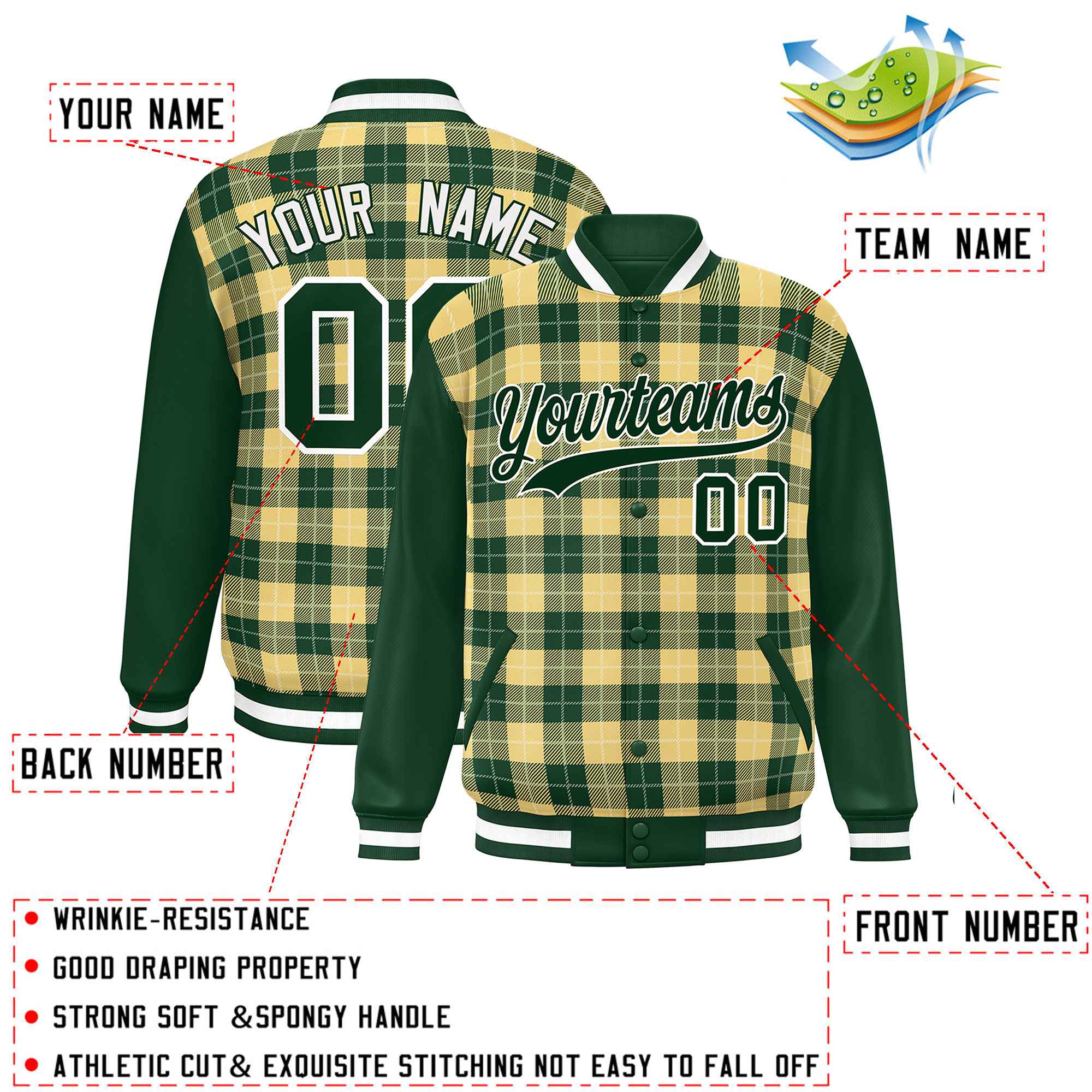 Custom Khaki Green-White Varsity Full-Snap Plaid Pattern Letterman Baseball Jacket