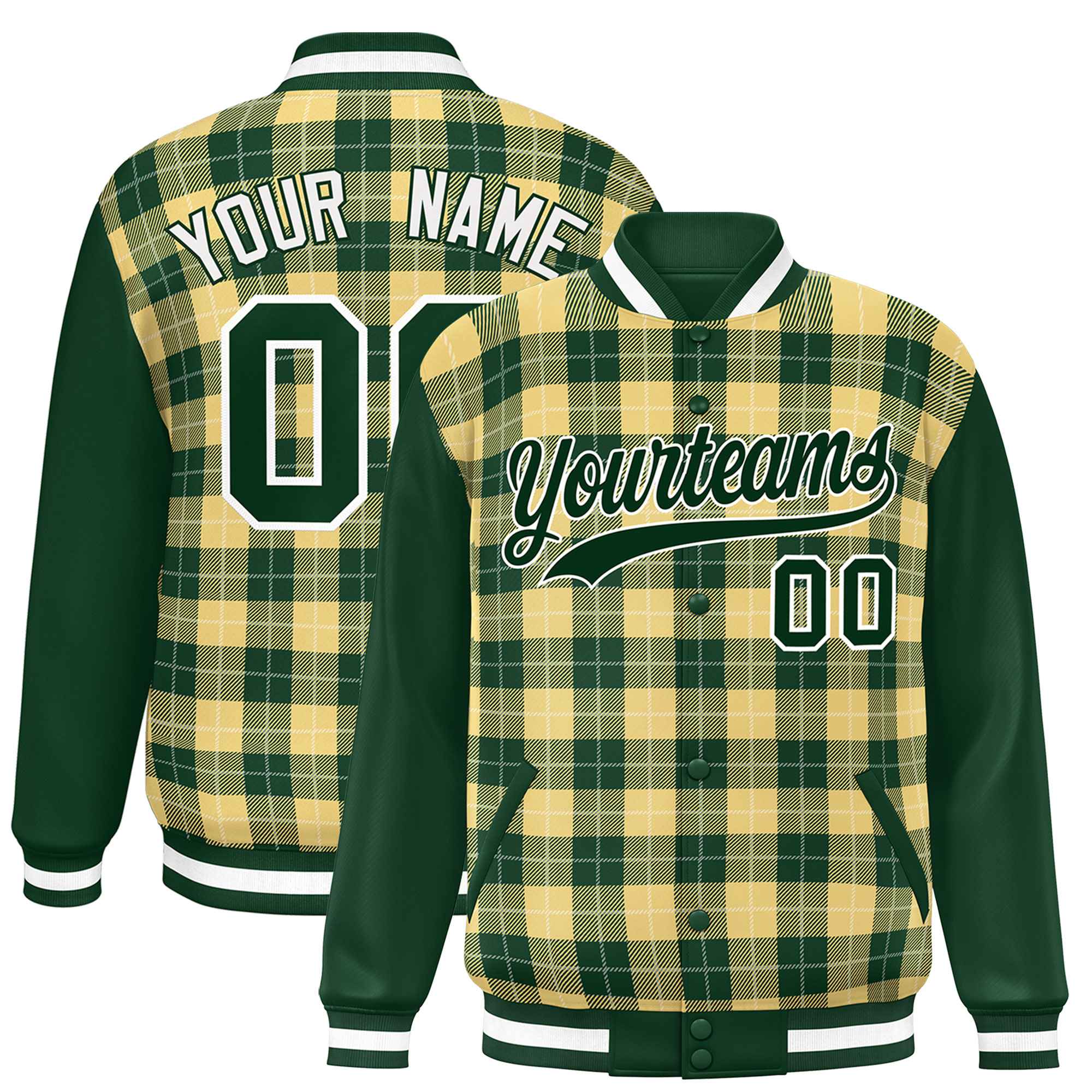 Custom Khaki Green-White Varsity Full-Snap Plaid Pattern Letterman Baseball Jacket