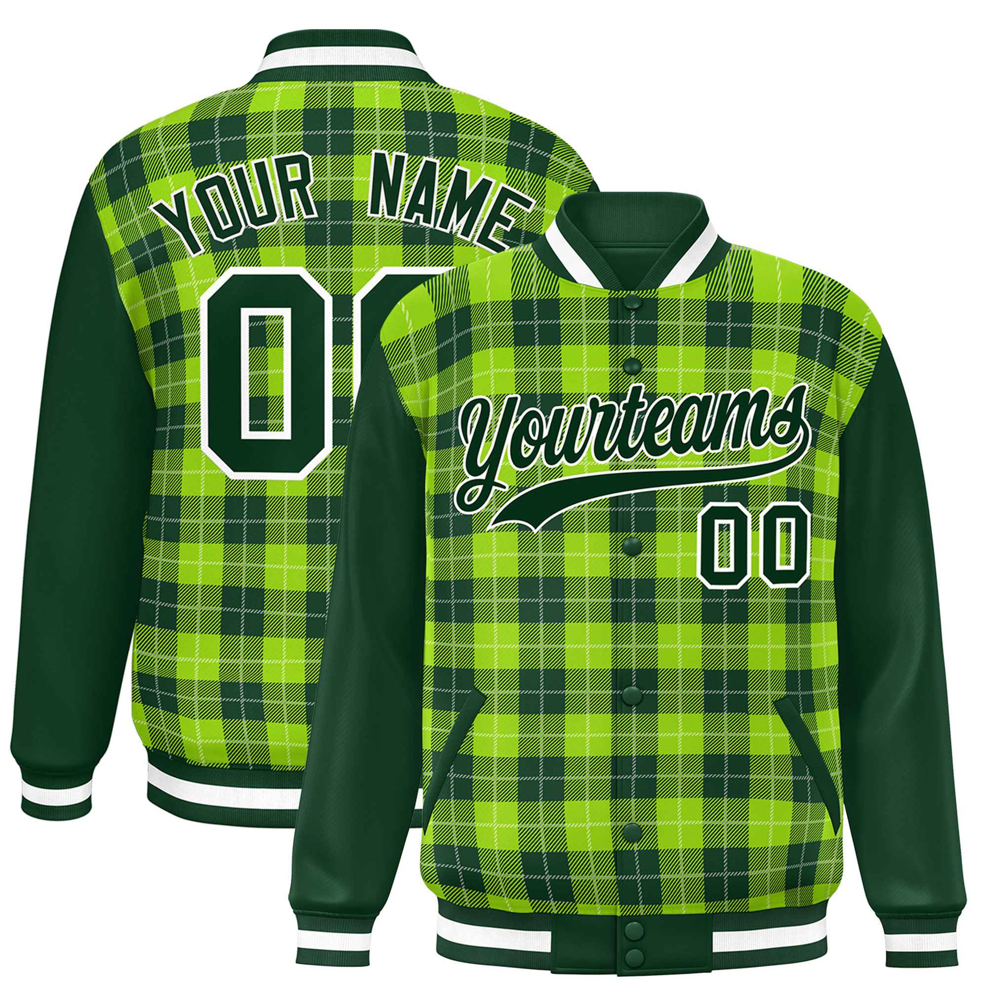 Custom Neon Green Green-White Varsity Full-Snap Plaid Pattern Letterman Baseball Jacket