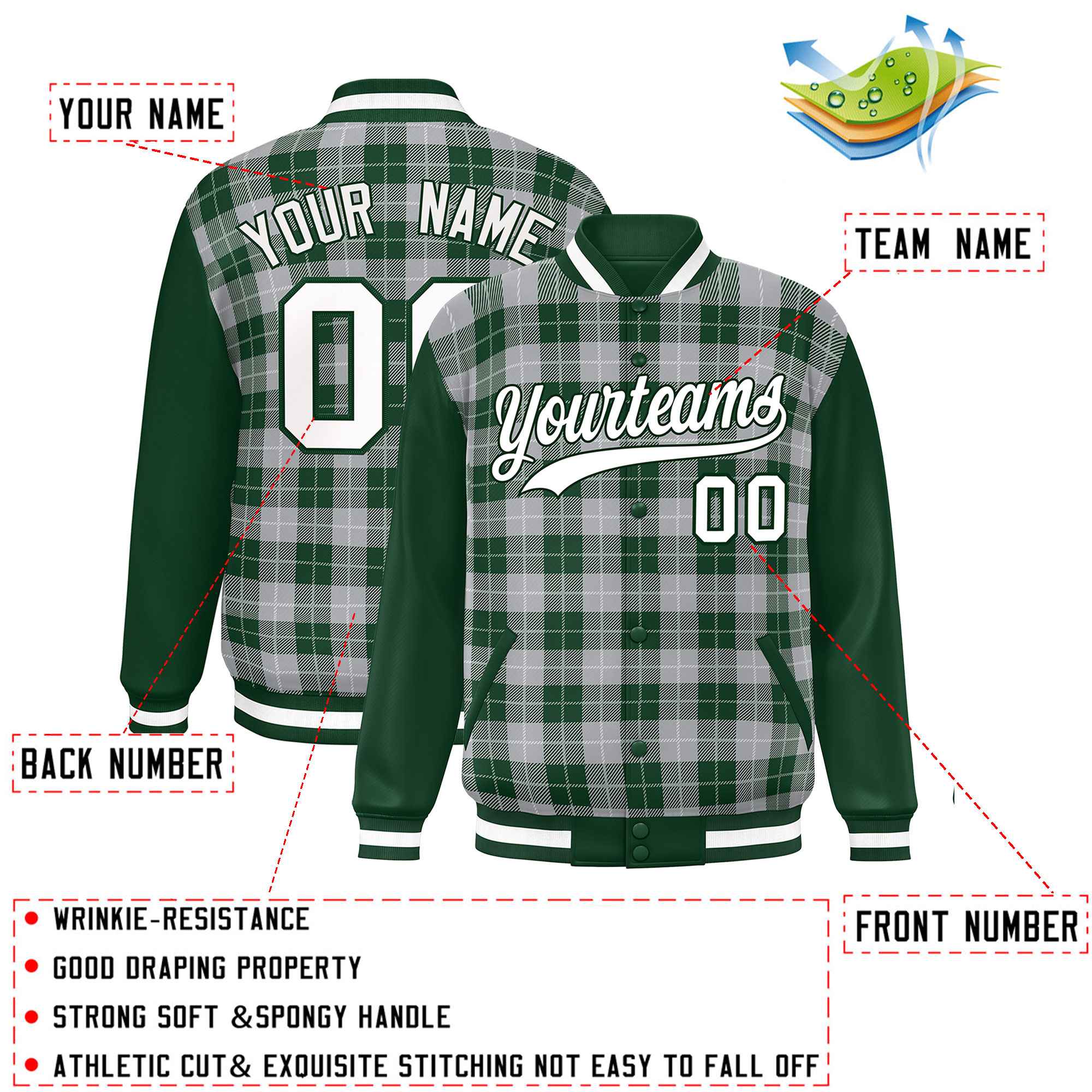 Custom Gray Green-White Varsity Full-Snap Plaid Pattern Letterman Baseball Jacket