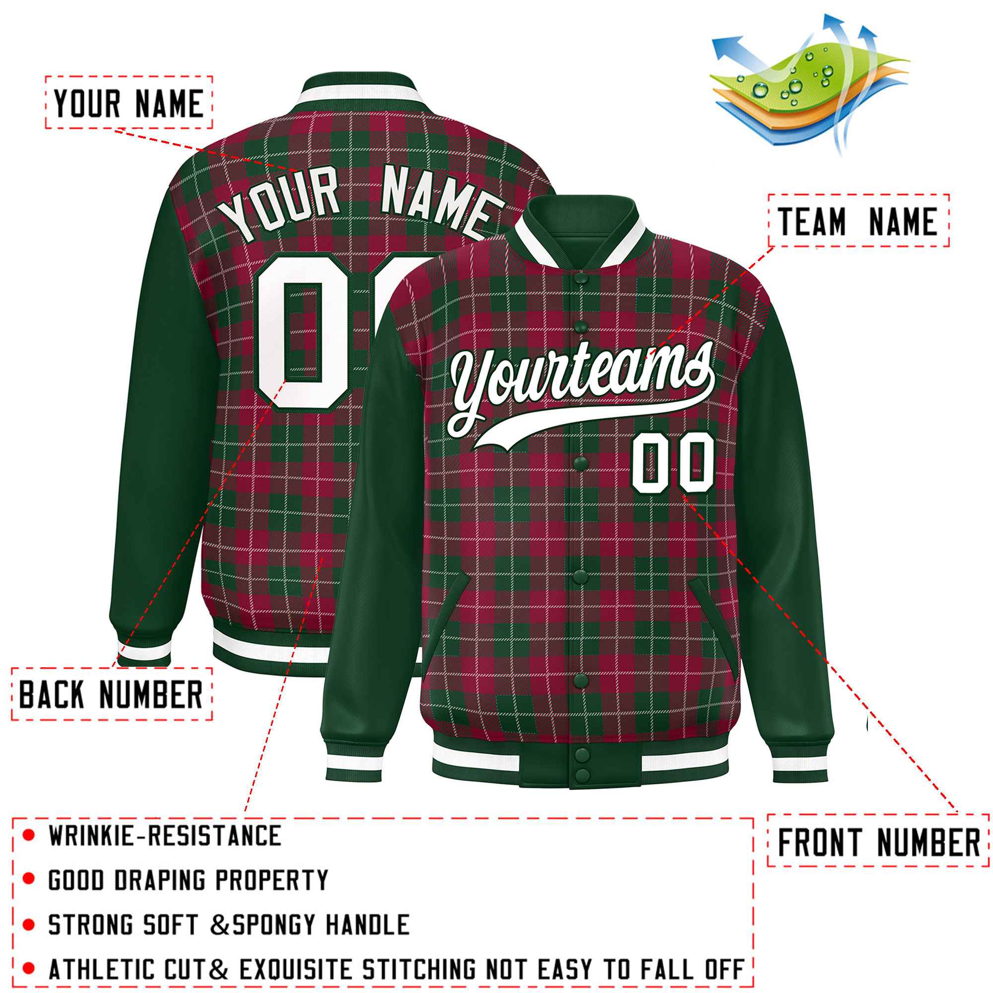 Custom Crimson Green-White Varsity Full-Snap Plaid Pattern Letterman Baseball Jacket