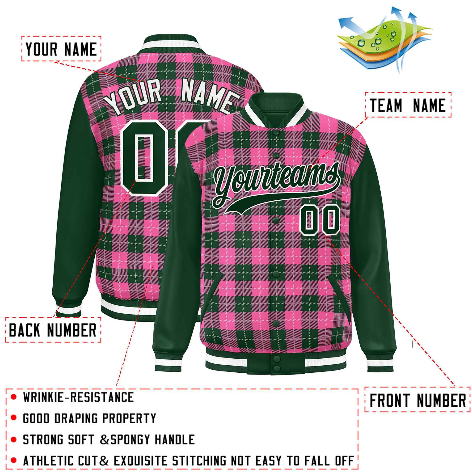 Custom Pink Green-White Varsity Full-Snap Plaid Pattern Letterman Baseball Jacket