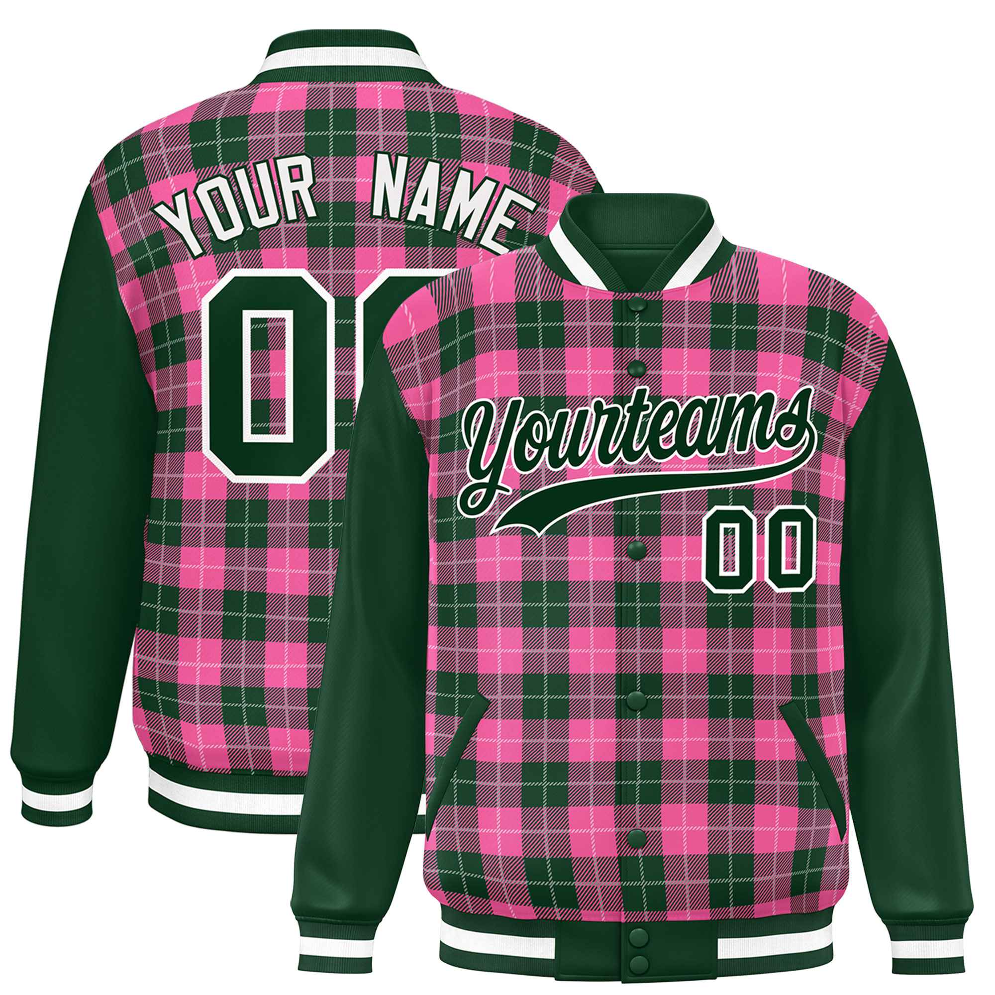 Custom Pink Green-White Varsity Full-Snap Plaid Pattern Letterman Baseball Jacket