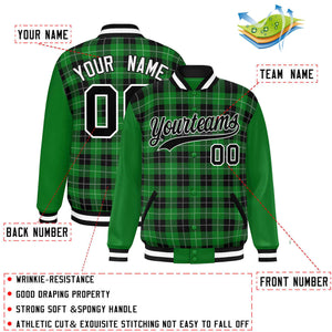 Custom Black Green-White Varsity Full-Snap Plaid Pattern Letterman Baseball Jacket