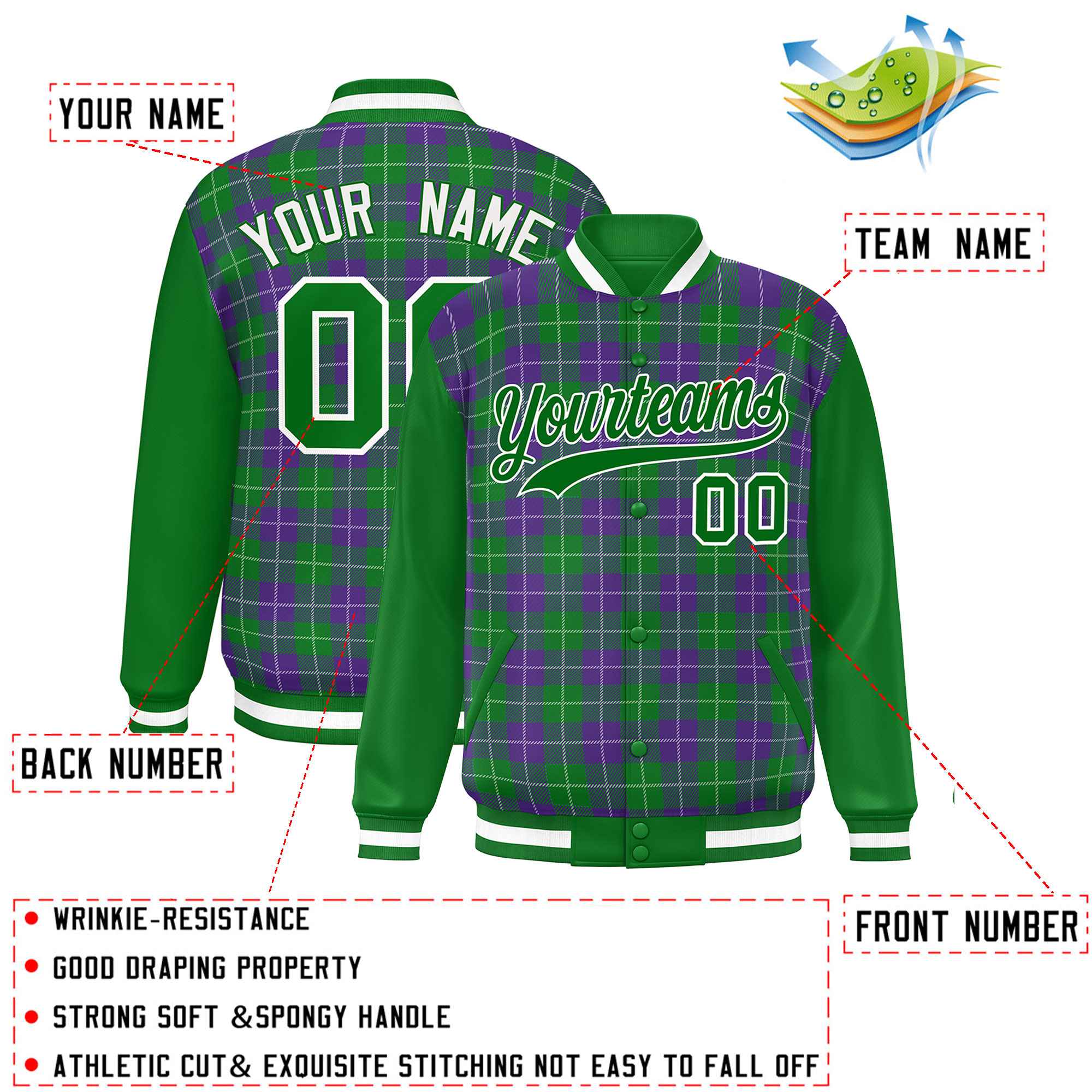 Custom Purple Green-White Varsity Full-Snap Plaid Pattern Letterman Baseball Jacket