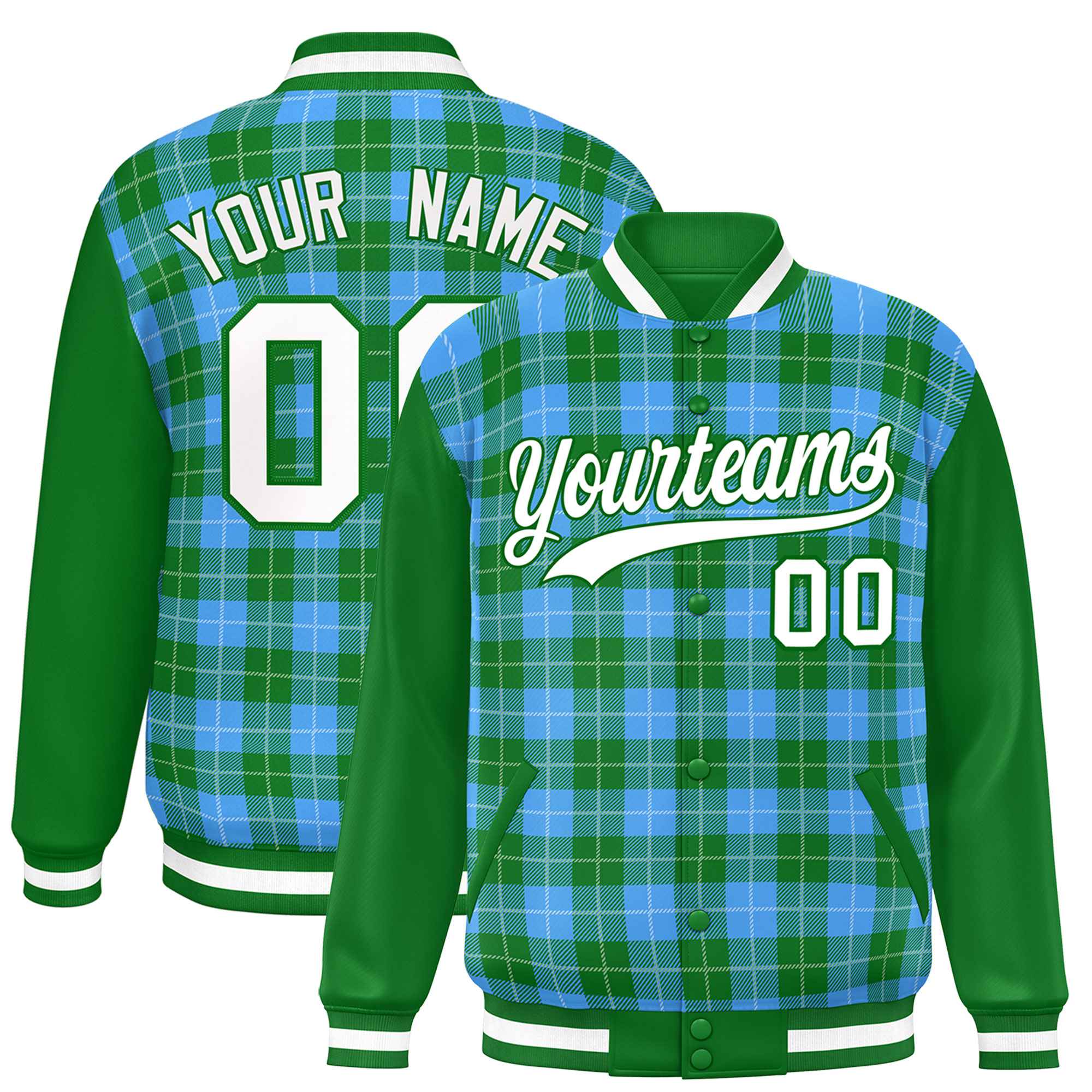 Custom Powder Blue Green-White Varsity Full-Snap Plaid Pattern Letterman Baseball Jacket