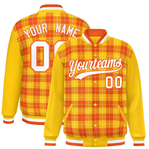 Custom Orange Gold-White Varsity Full-Snap Plaid Pattern Letterman Baseball Jacket