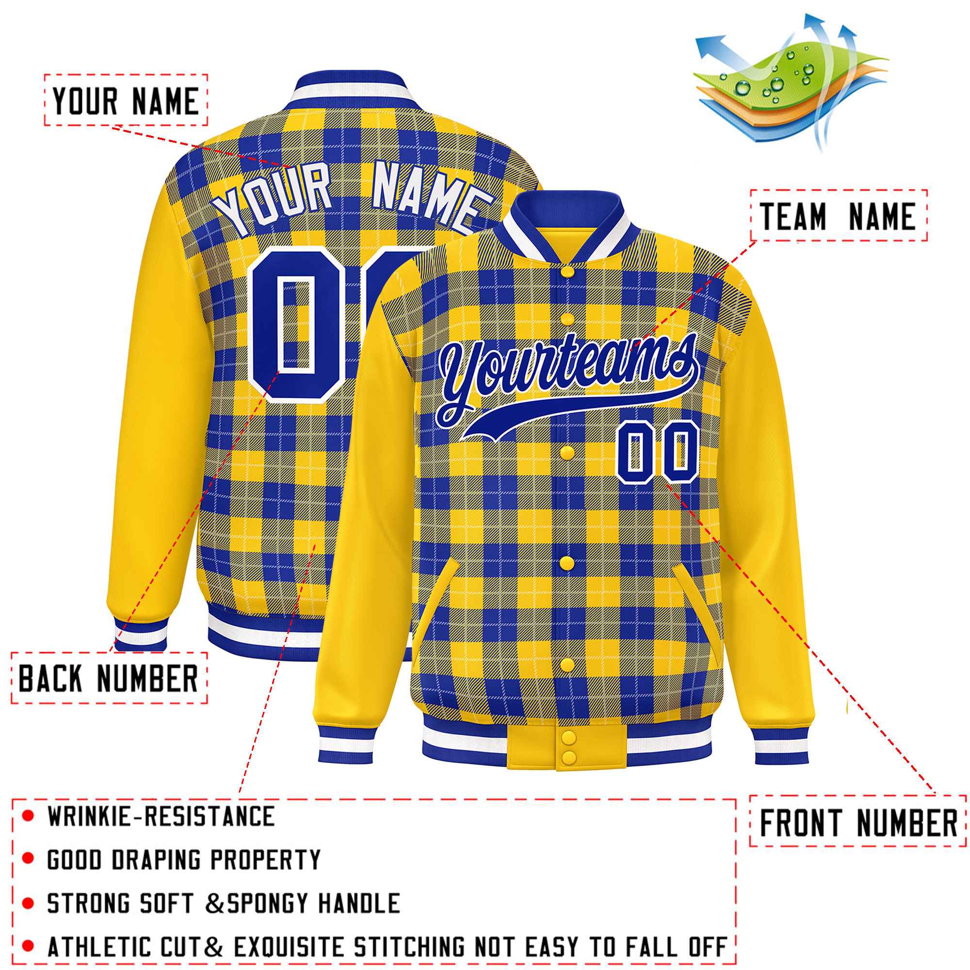 Custom Royal Gold-White Varsity Full-Snap Plaid Pattern Letterman Baseball Jacket