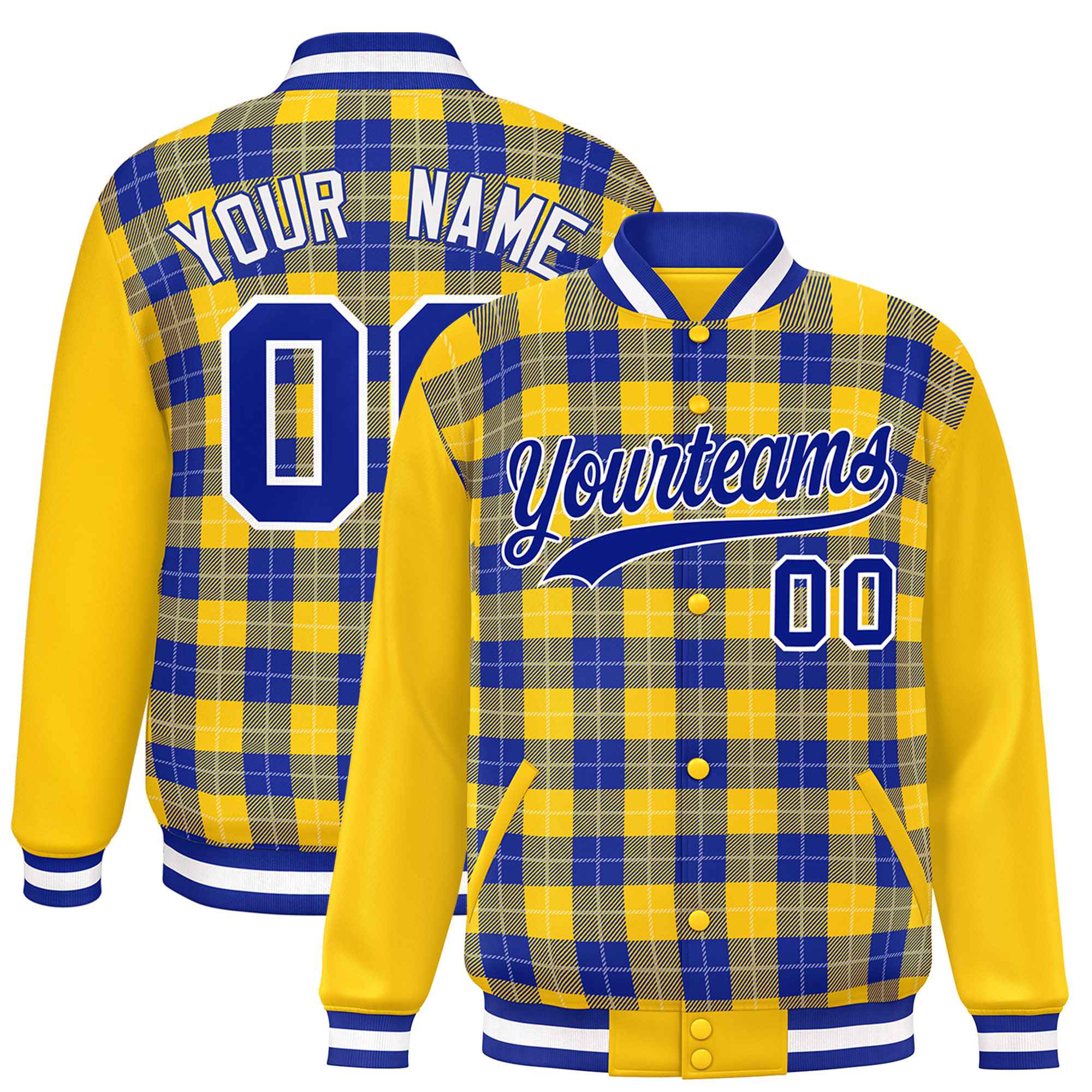 Custom Royal Gold-White Varsity Full-Snap Plaid Pattern Letterman Baseball Jacket