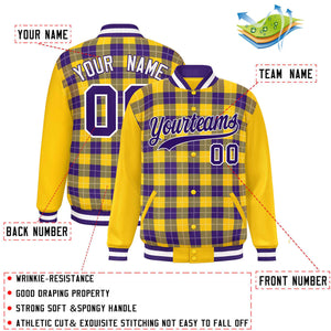 Custom Purple Gold-White Varsity Full-Snap Plaid Pattern Letterman Baseball Jacket