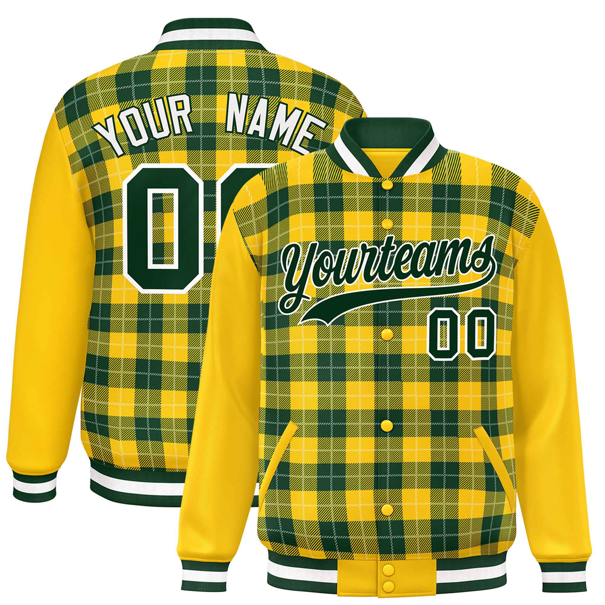 Custom Green Gold-White Varsity Full-Snap Plaid Pattern Letterman Baseball Jacket