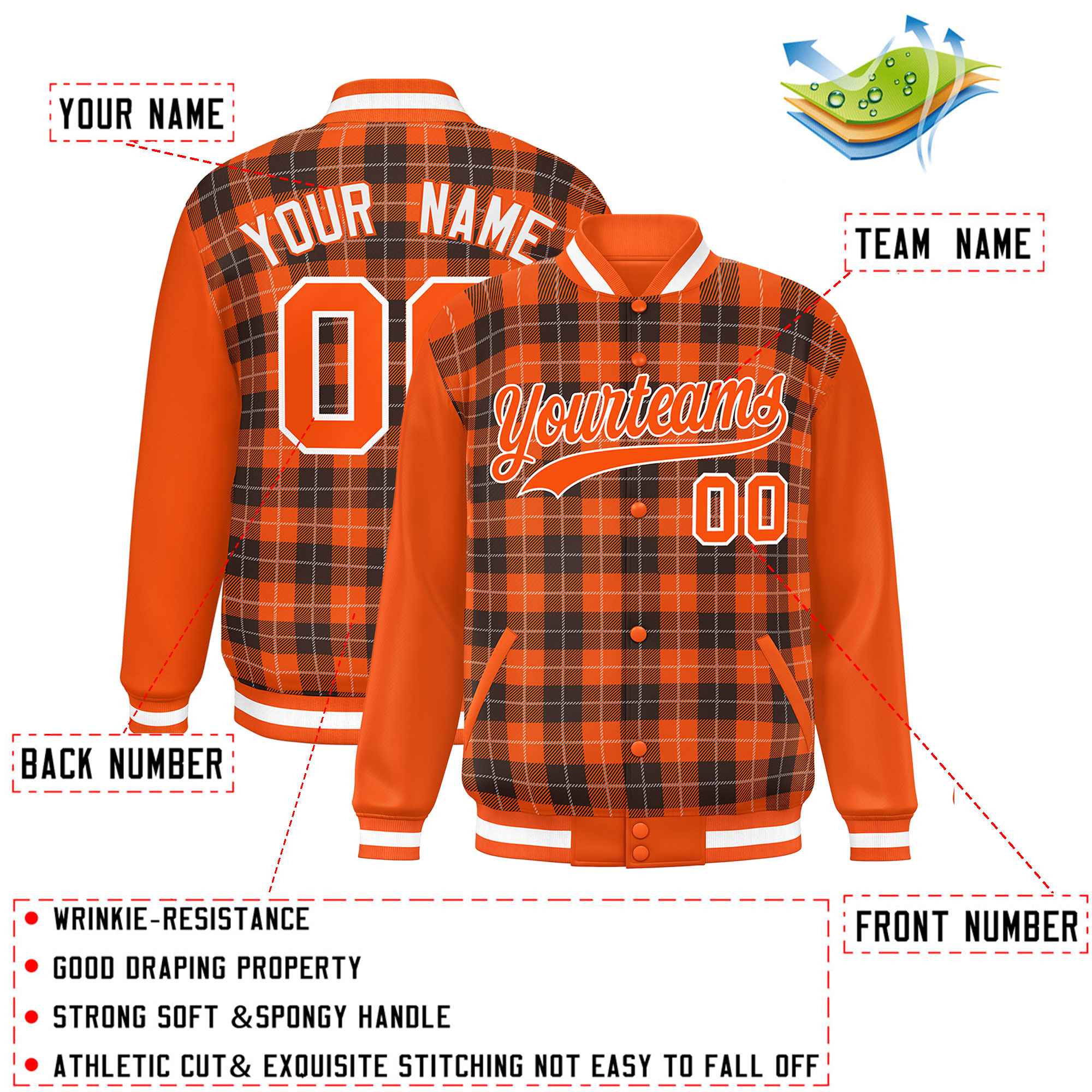 Custom Brown Orange-White Varsity Full-Snap Plaid Pattern Letterman Baseball Jacket