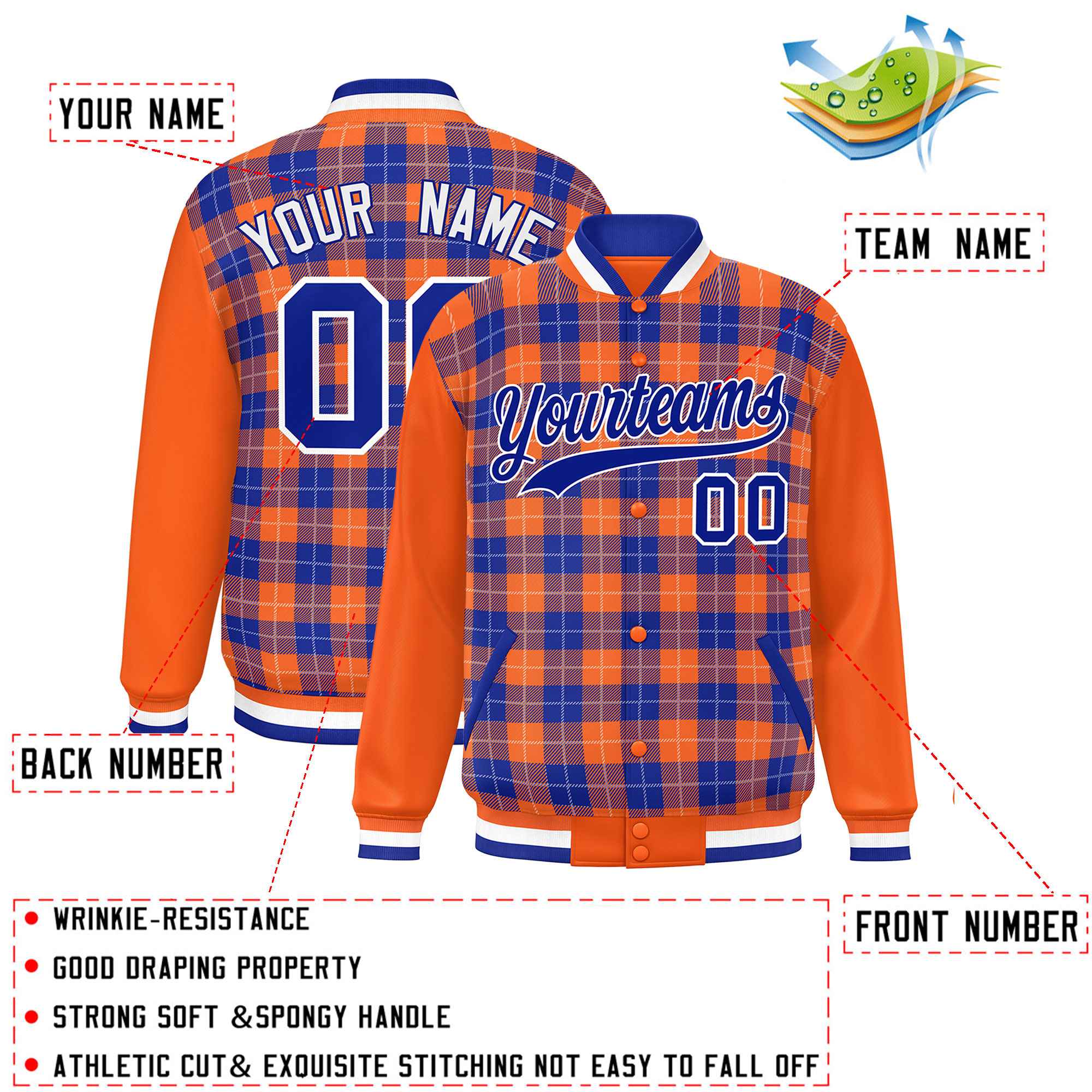 Custom Royal Orange-White Varsity Full-Snap Plaid Pattern Letterman Baseball Jacket