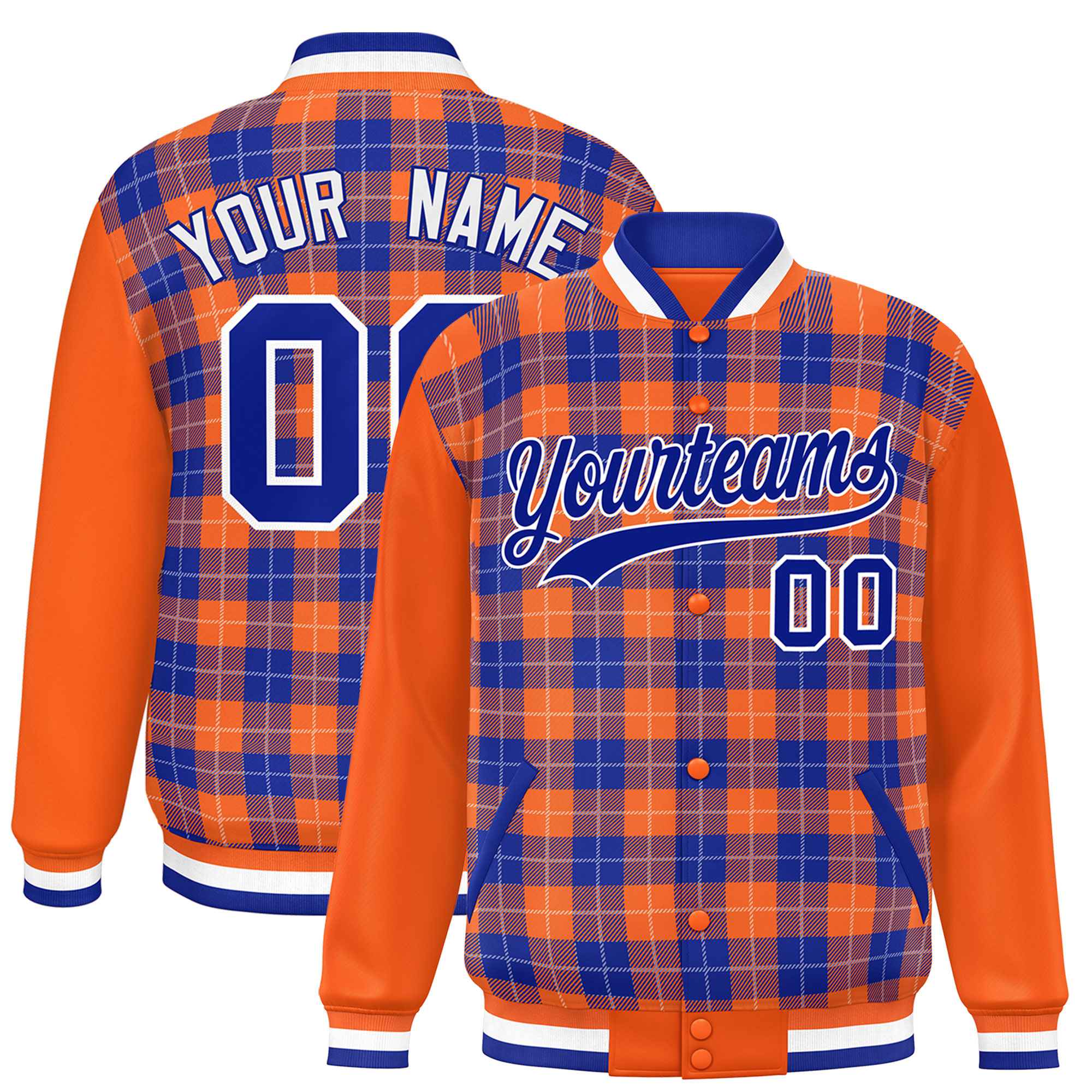 Custom Royal Orange-White Varsity Full-Snap Plaid Pattern Letterman Baseball Jacket