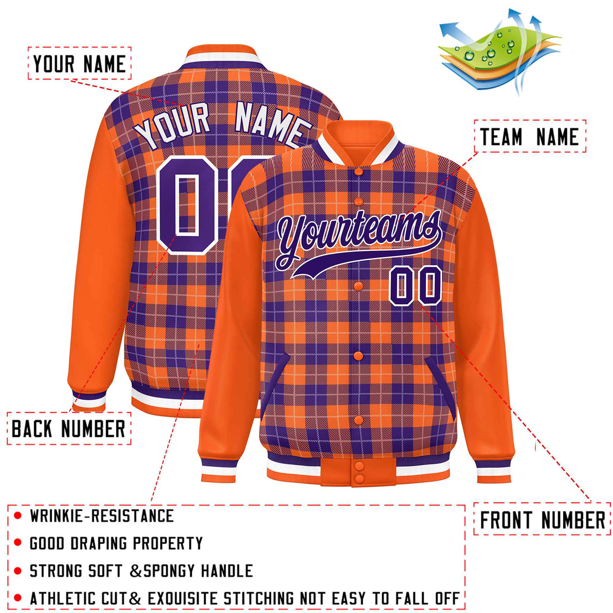 Custom Purple Orange-White Varsity Full-Snap Plaid Pattern Letterman Baseball Jacket