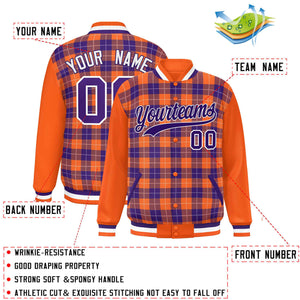 Custom Purple Orange-White Varsity Full-Snap Plaid Pattern Letterman Baseball Jacket