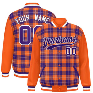 Custom Purple Orange-White Varsity Full-Snap Plaid Pattern Letterman Baseball Jacket