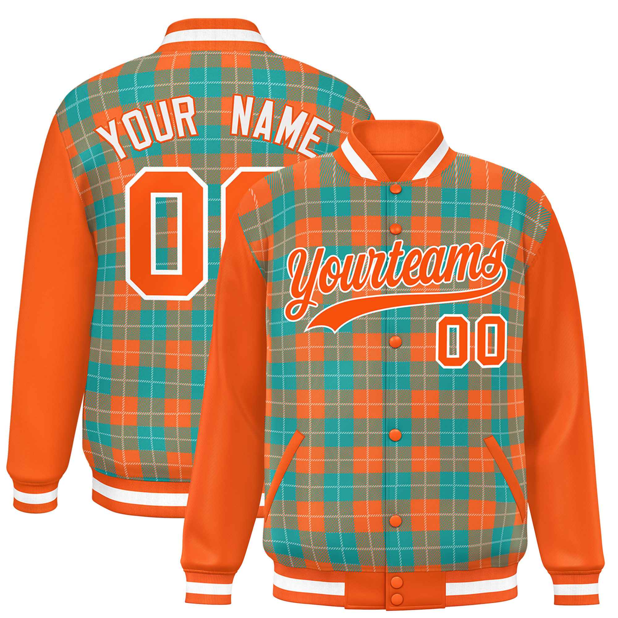 Custom Aqua Orange-White Varsity Full-Snap Plaid Pattern Letterman Baseball Jacket