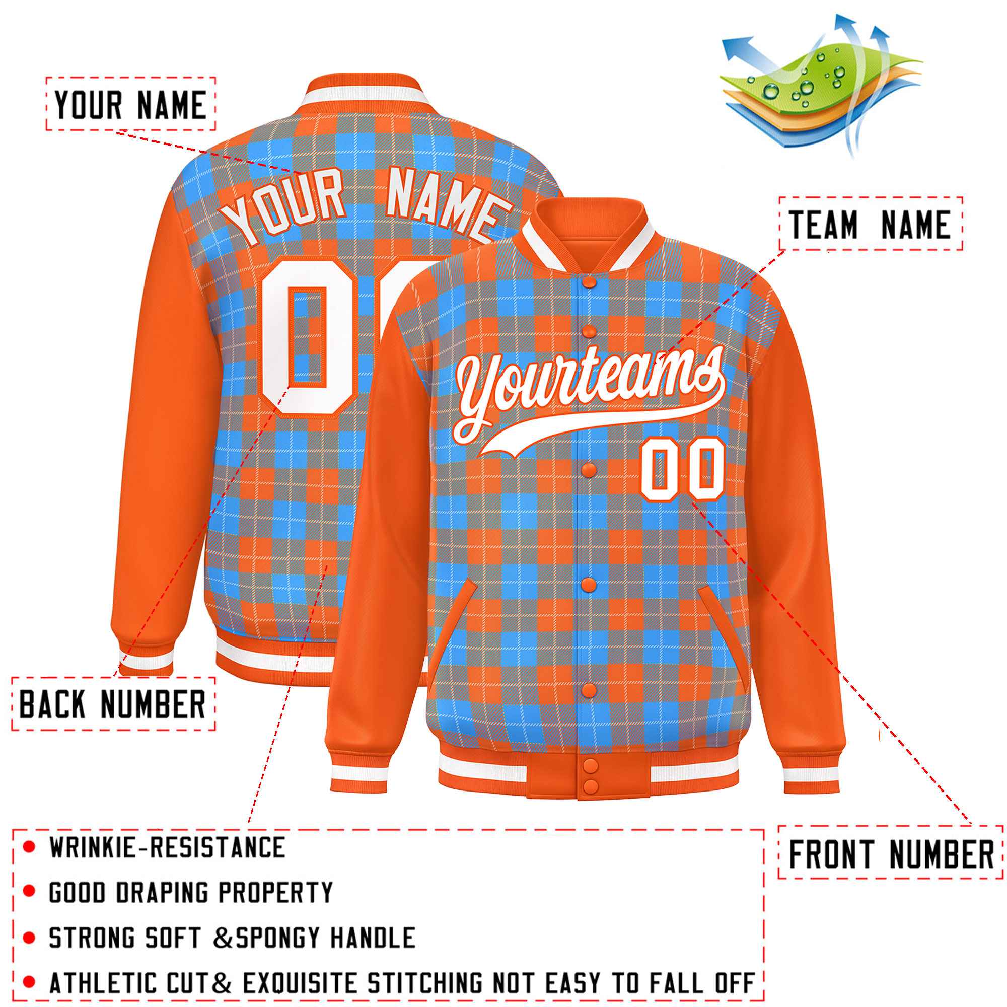 Custom Powder Blue Orange-White Varsity Full-Snap Plaid Pattern Letterman Baseball Jacket