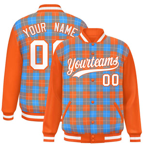 Custom Powder Blue Orange-White Varsity Full-Snap Plaid Pattern Letterman Baseball Jacket