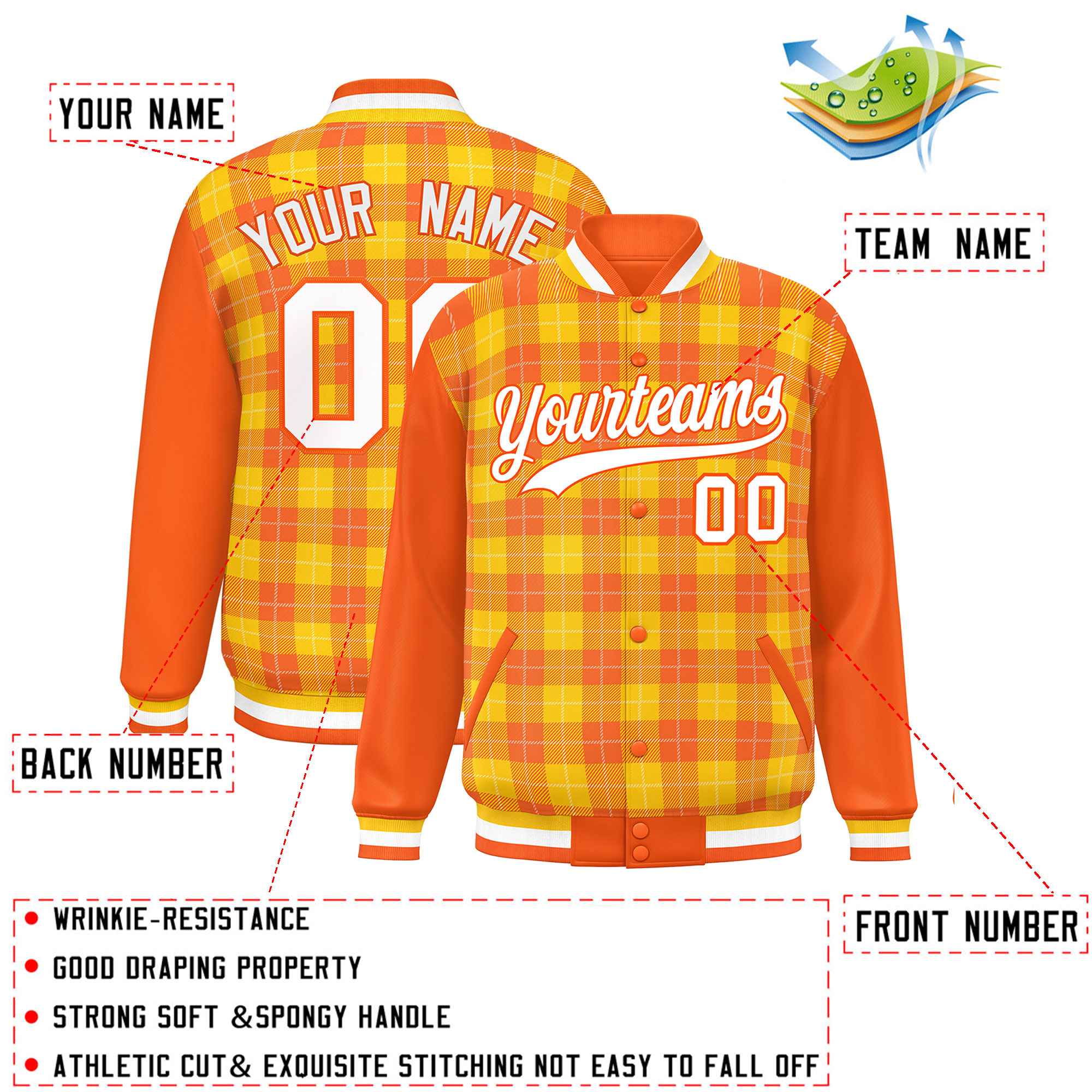 Custom Gold Orange-White Varsity Full-Snap Plaid Pattern Letterman Baseball Jacket