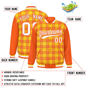 Custom Gold Orange-White Varsity Full-Snap Plaid Pattern Letterman Baseball Jacket