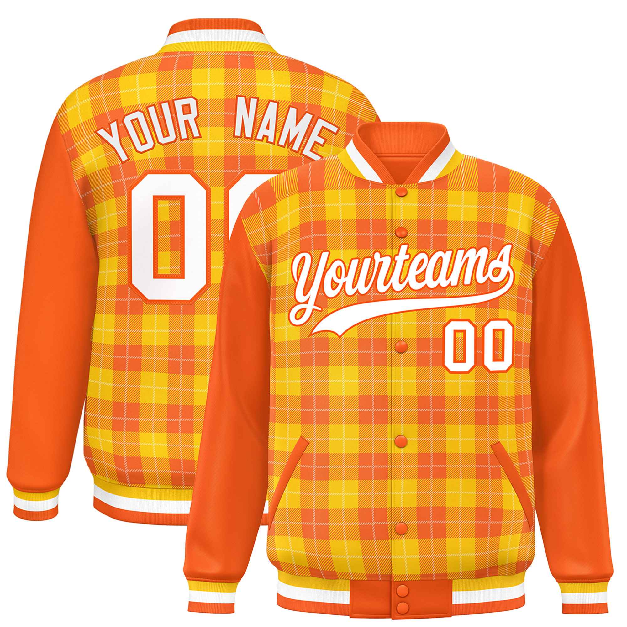 Custom Gold Orange-White Varsity Full-Snap Plaid Pattern Letterman Baseball Jacket