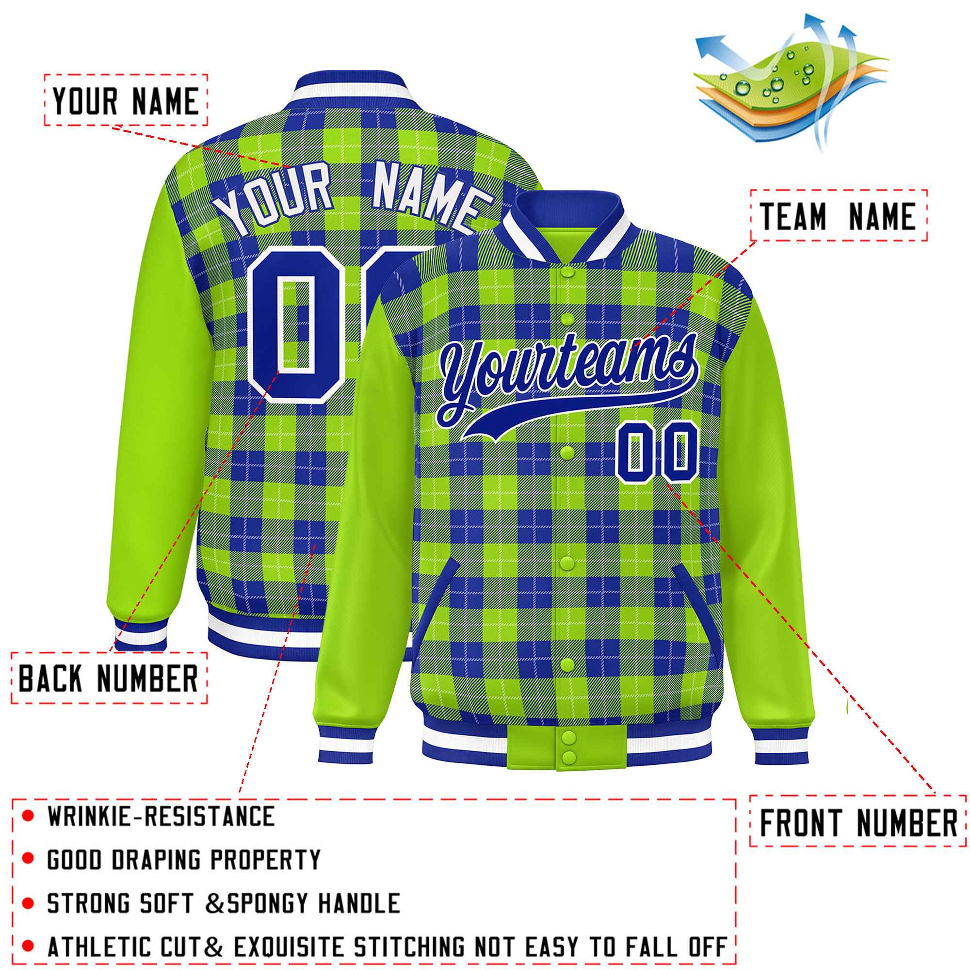 Custom Royal Neon Green-White Varsity Full-Snap Plaid Pattern Letterman Baseball Jacket