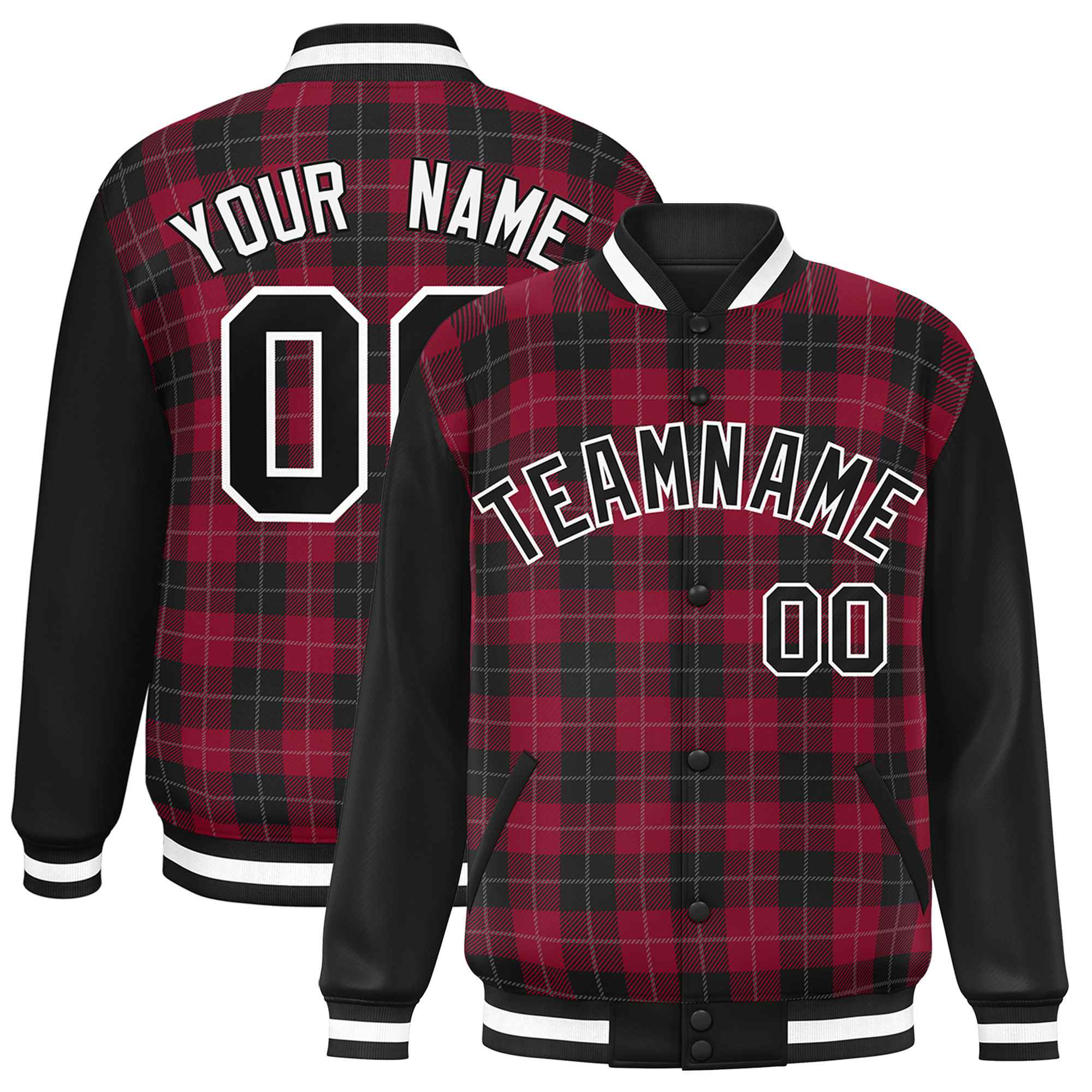 Custom Crimson Black-Gray Varsity Full-Snap Plaid Pattern Letterman Baseball Jacket