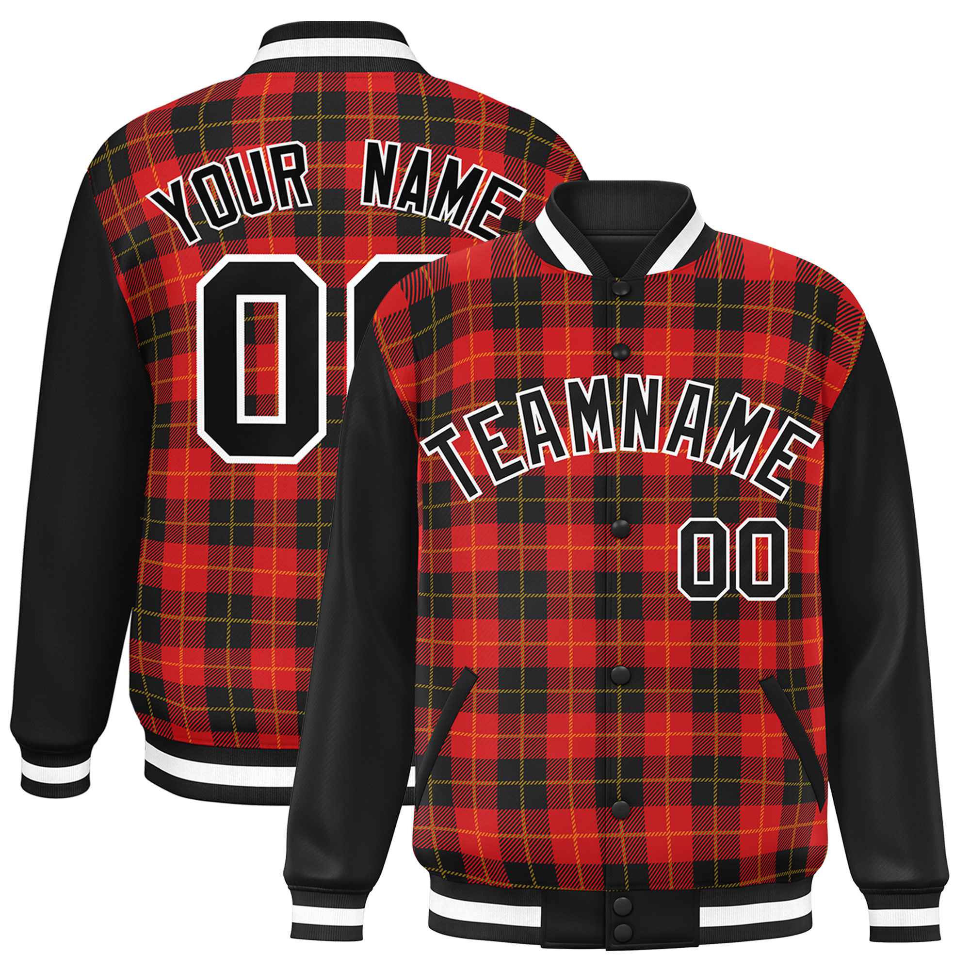 Custom Red Black-Gold Varsity Full-Snap Plaid Pattern Letterman Baseball Jacket