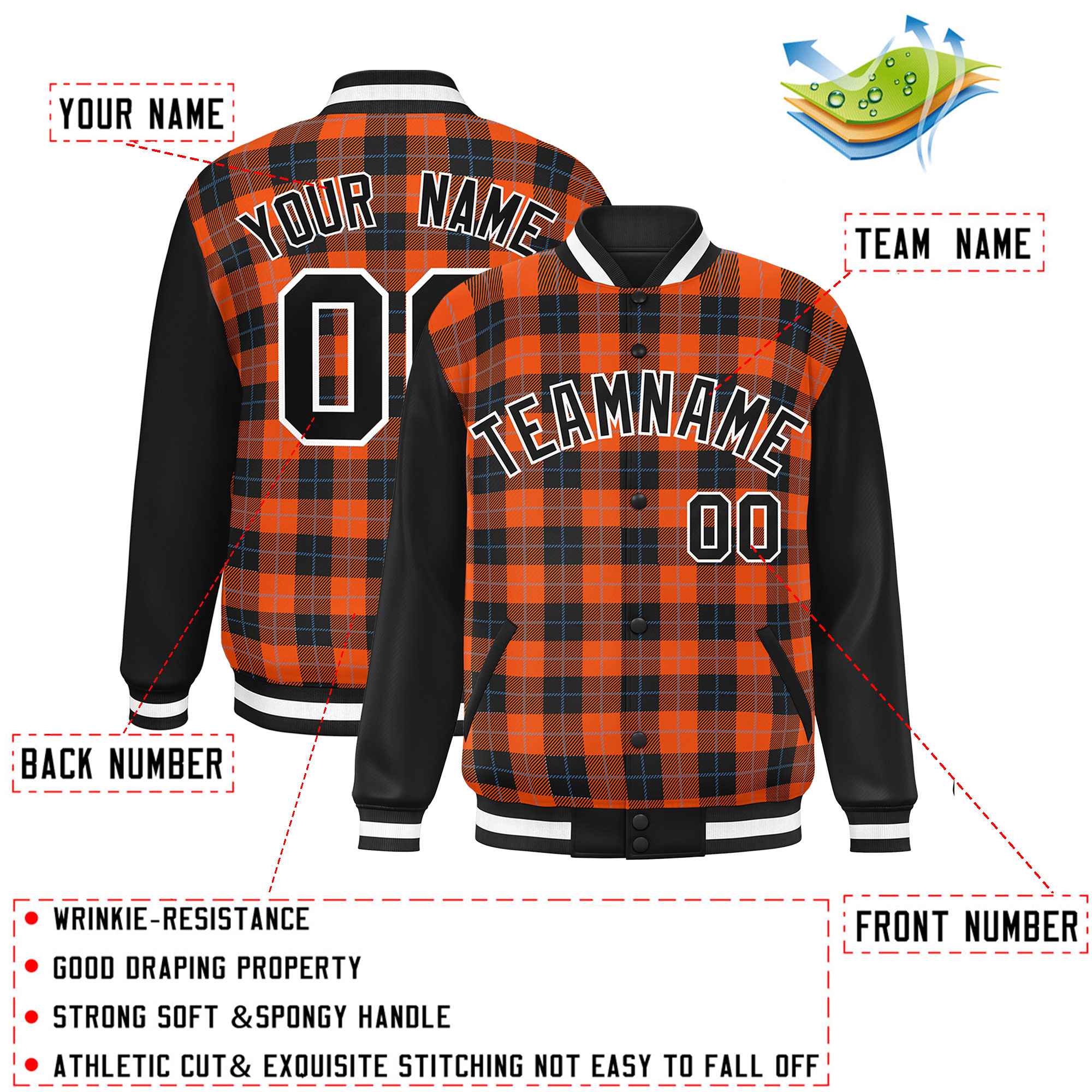 Custom Orange Black-Powder Blue Varsity Full-Snap Plaid Pattern Letterman Baseball Jacket