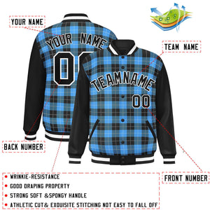 Custom Powder Blue Black-White Varsity Full-Snap Plaid Pattern Letterman Baseball Jacket