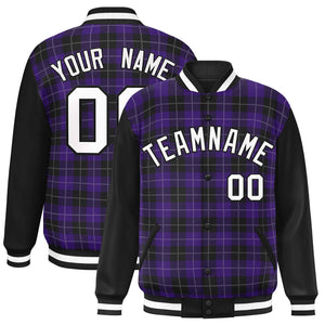 Custom Purple Black-White Varsity Full-Snap Plaid Pattern Letterman Baseball Jacket