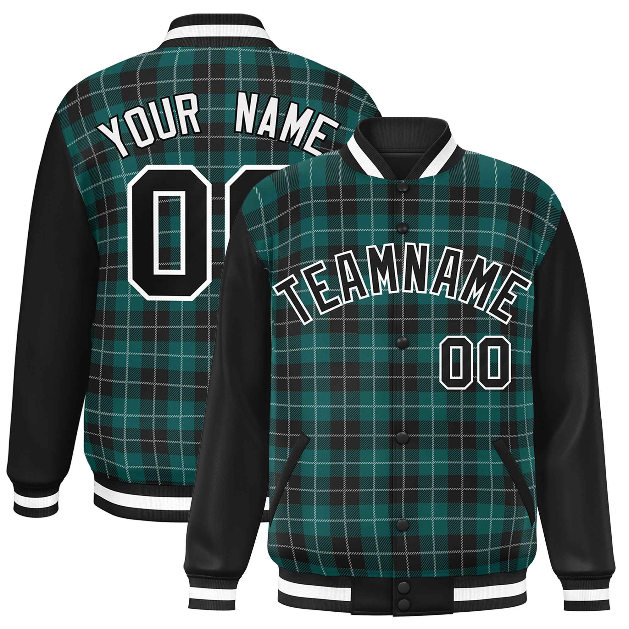 Custom Midnight Green Black-White Varsity Full-Snap Plaid Pattern Letterman Baseball Jacket