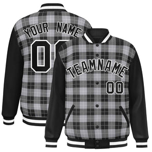 Custom Gray Black-White Varsity Full-Snap Plaid Pattern Letterman Baseball Jacket