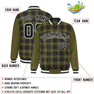 Custom Olive Black-Gray Varsity Full-Snap Plaid Pattern Letterman Baseball Jacket