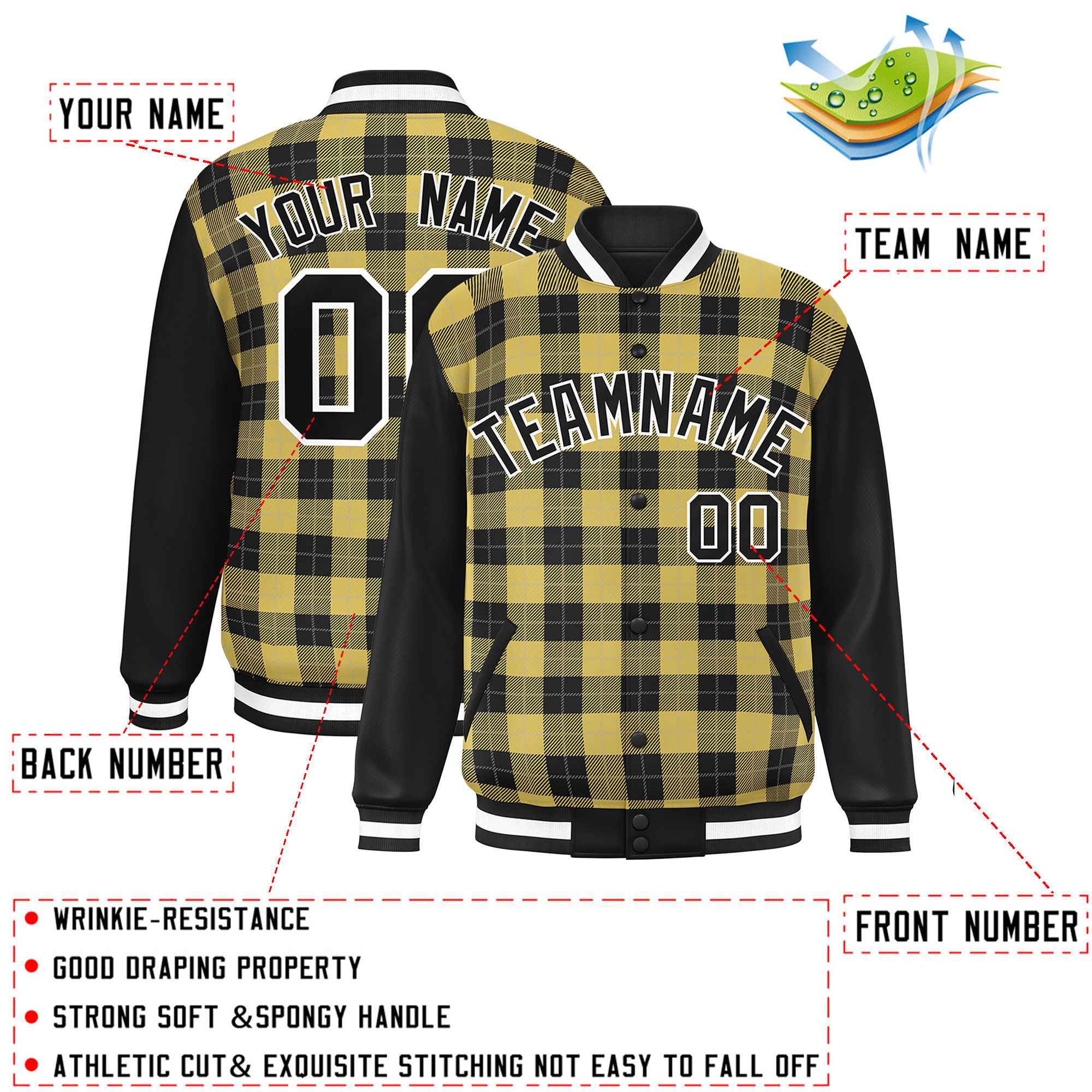 Custom Khaki Black-Gray Varsity Full-Snap Plaid Pattern Letterman Baseball Jacket