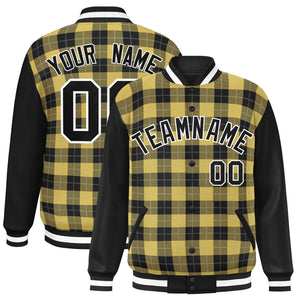 Custom Khaki Black-Gray Varsity Full-Snap Plaid Pattern Letterman Baseball Jacket