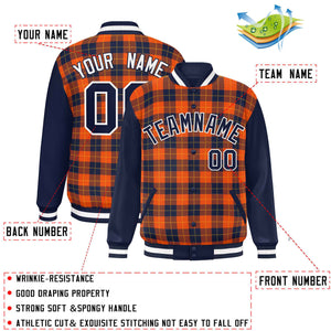 Custom Orange Navy-Gold Varsity Full-Snap Plaid Pattern Letterman Baseball Jacket