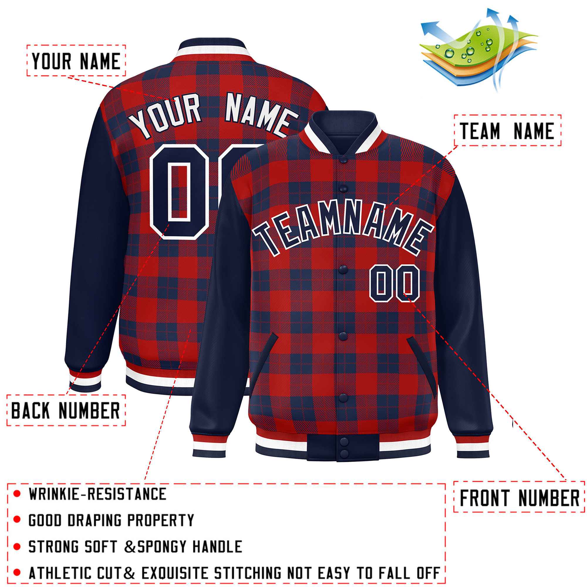 Custom Red Navy-Red Varsity Full-Snap Plaid Pattern Letterman Baseball Jacket