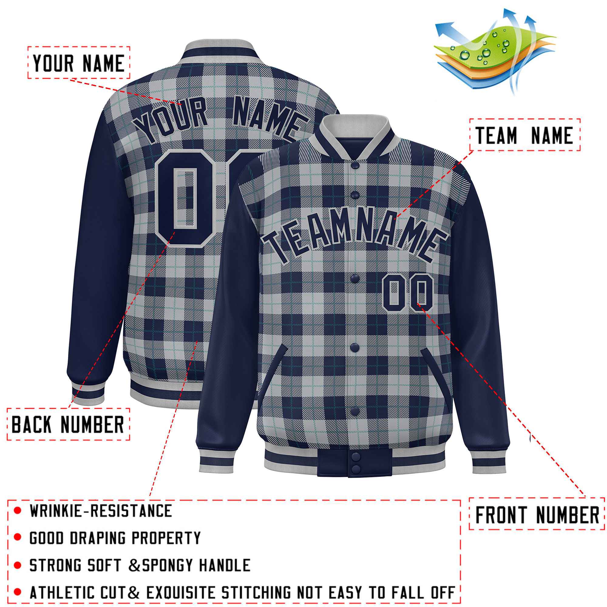 Custom Gray Navy-Aqua Varsity Full-Snap Plaid Pattern Letterman Baseball Jacket