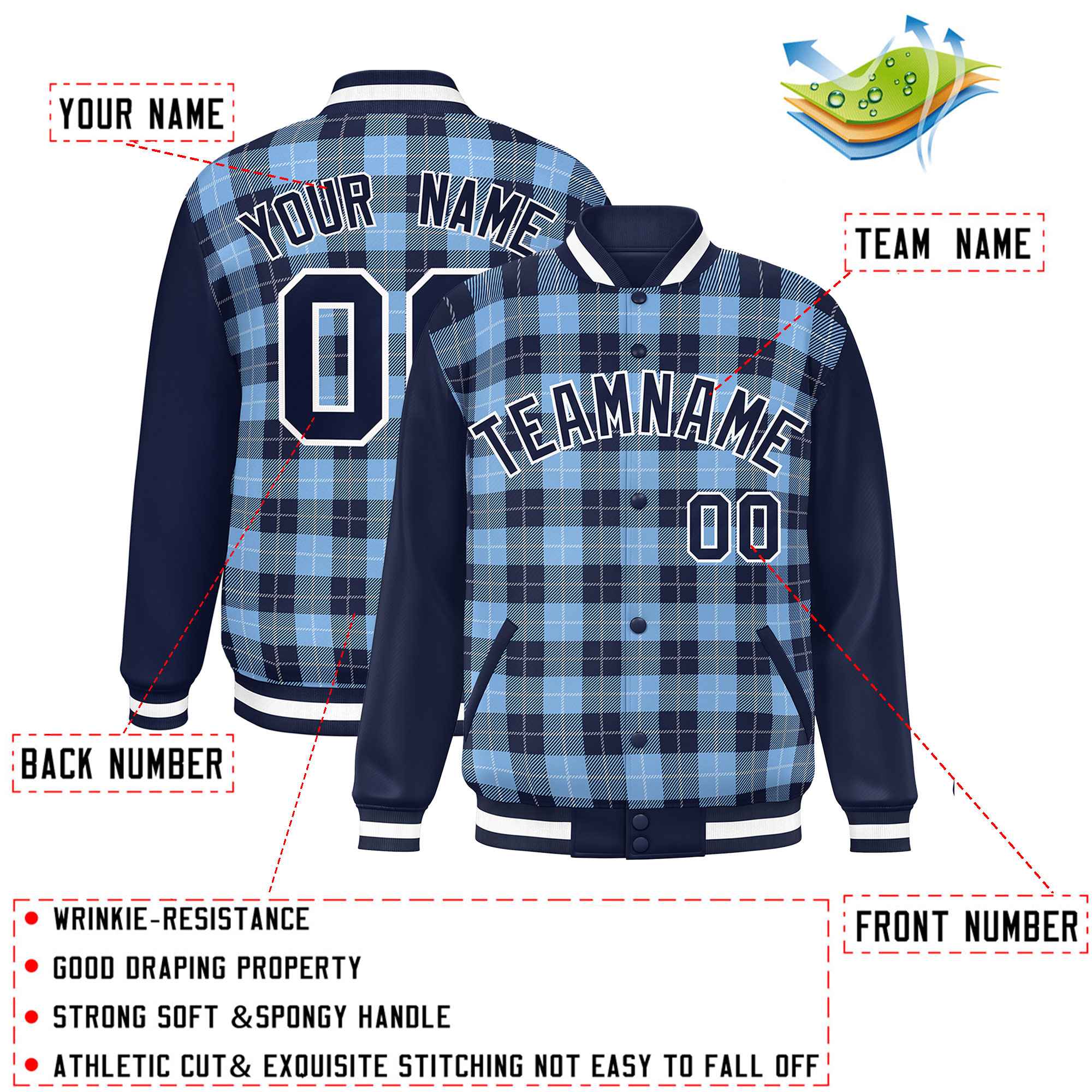 Custom Powder Blue Navy-White Varsity Full-Snap Plaid Pattern Letterman Baseball Jacket