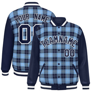 Custom Powder Blue Navy-White Varsity Full-Snap Plaid Pattern Letterman Baseball Jacket