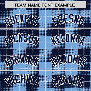 Custom Powder Blue Navy-White Varsity Full-Snap Plaid Pattern Letterman Baseball Jacket