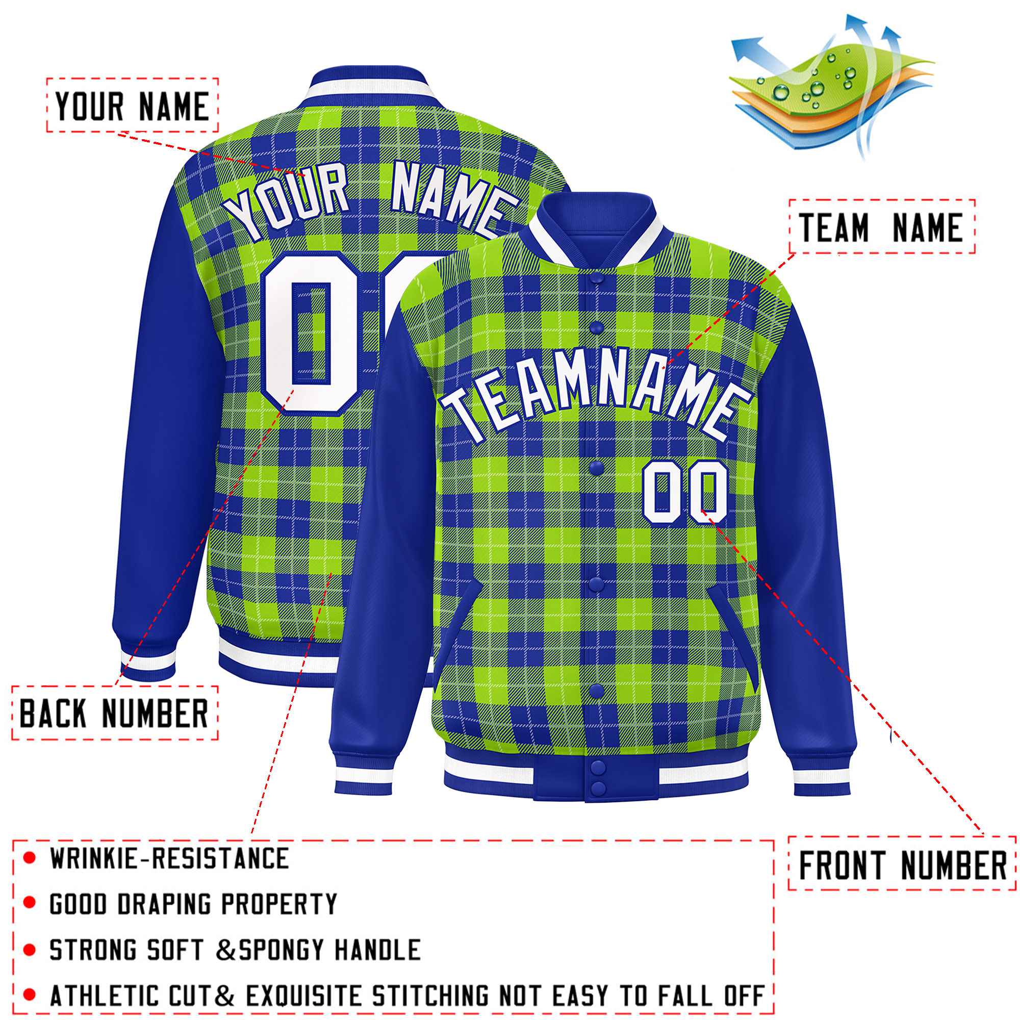 Custom Neon Green Royal-White Varsity Full-Snap Plaid Pattern Letterman Baseball Jacket