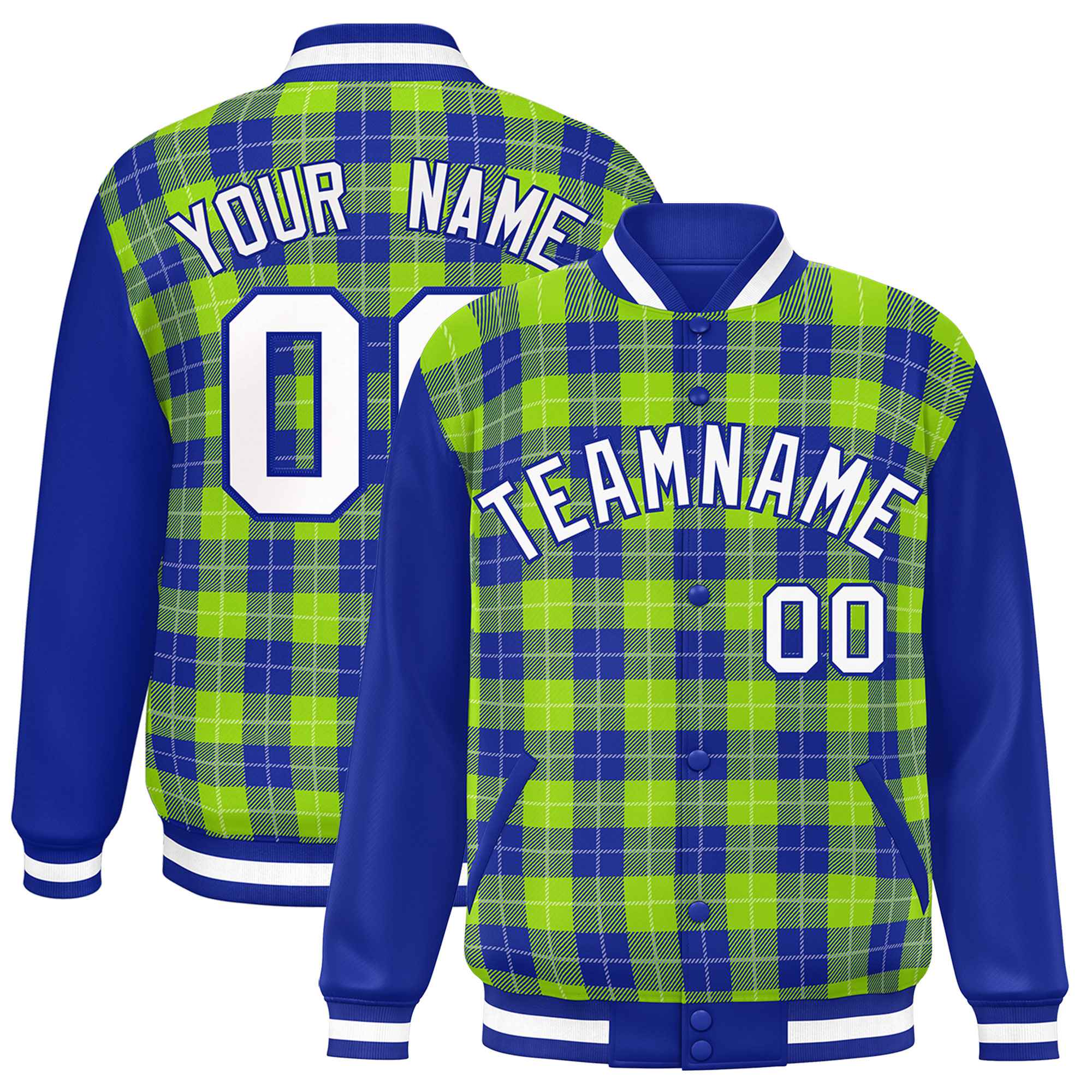 Custom Neon Green Royal-White Varsity Full-Snap Plaid Pattern Letterman Baseball Jacket