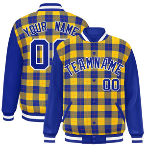 Custom Yellow Royal-Orange Varsity Full-Snap Plaid Pattern Letterman Baseball Jacket